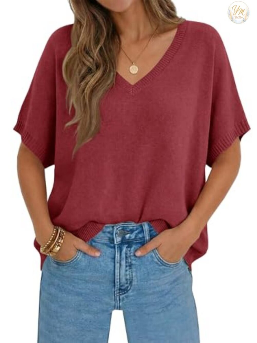 Oversized Batwing Short Sleeve V Neck Lightweight Knit Summer Sweater Top